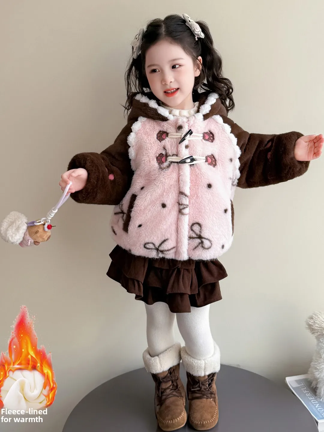 

Thiened Fce Bear Fur Jaet for Little Girls Winter New Sle Cartoon Bear Coat Sweet Sle Long Sve Zipper Closure