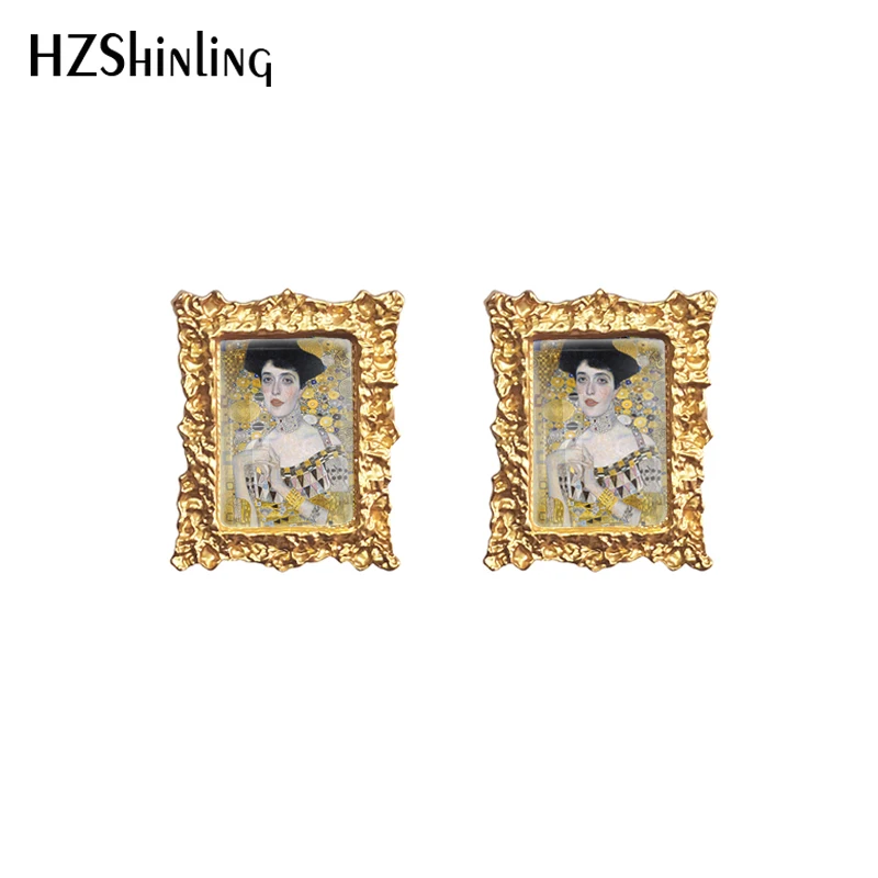 2022 New Gustav Klimt the Kiss Stud Earring Art Painting Square Earrings Retro Art Printed Glass Photo Jewelry