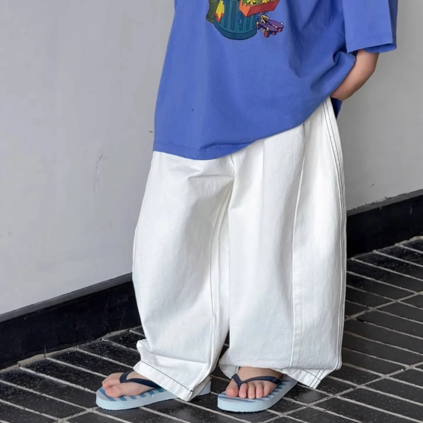 

Children's American High Street White Scimitar Jeans Boys Spring and Autumn New Loose Wide-leg Floor Pants