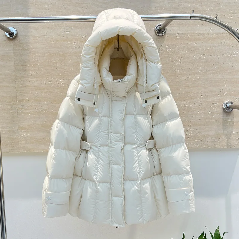 

90% White Duck Down Hooded Puffer Jacket Winter New Down Parka for Women Medium Long Thickened Waist Cinching Down Coat