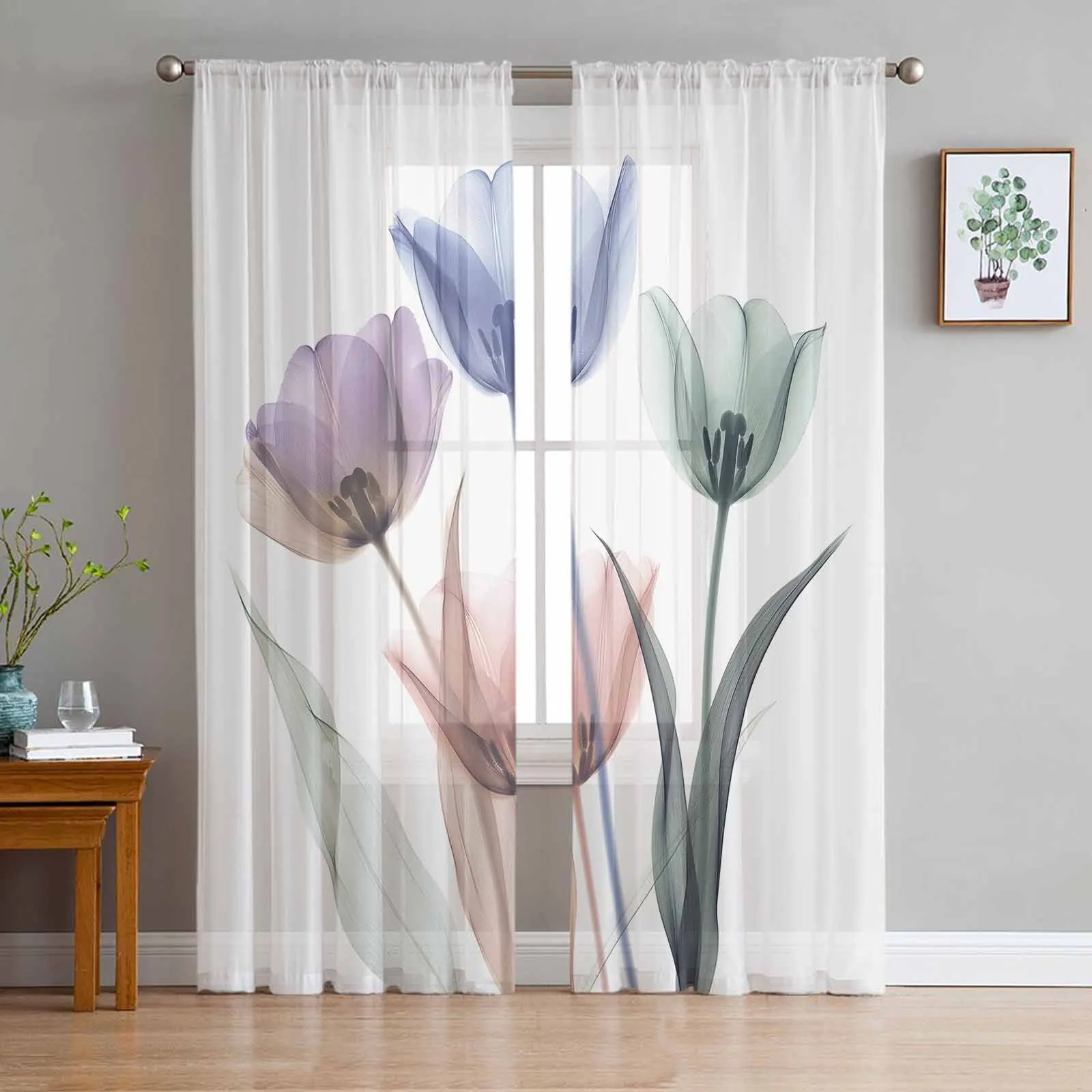 

Minimalist Flower Water Color X-Ray Window Treatment Tulle Modern Sheer Curtains for Kitchen Living Room Bedroom Curtains Decor