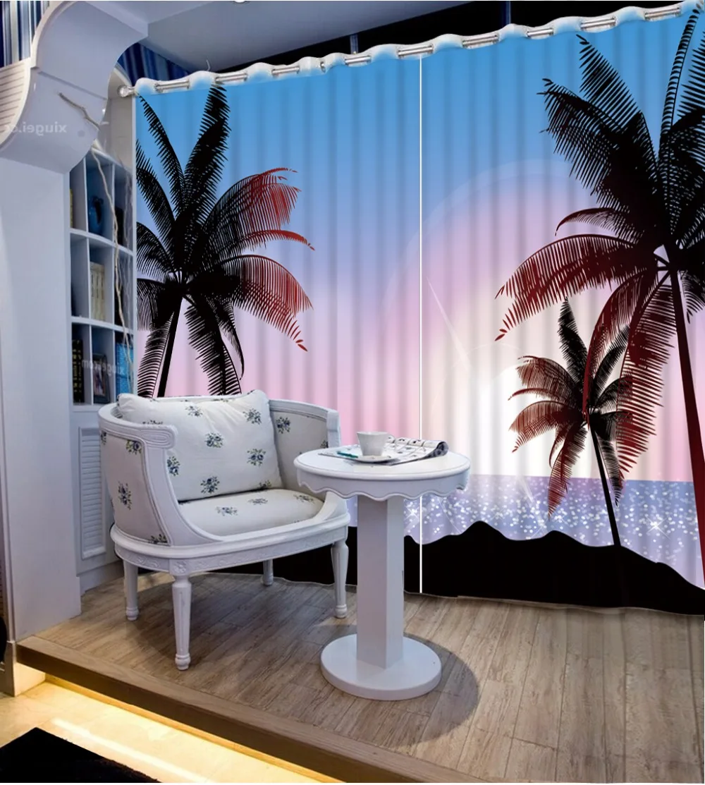 3D Curtain Fashion Customized Sunset Coconut Tree Photo Custom Size 3D Curtain Blackout Living Room Curtains For Bedroom