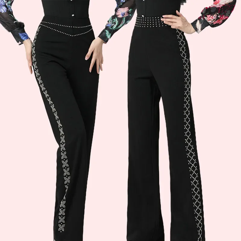 

High Waist Square Dance Pants for Women Loose Fit Long Trousers Diamond Embellied Fitn Yoga Sportswear Latin Dance