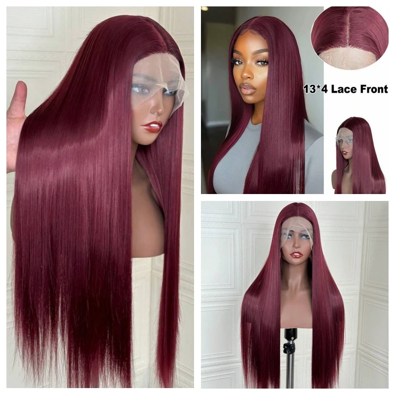 

Burgundy Wig, Synthetic Lace Front Ready to Wear Glueless Pre Plucked 13x4 Straight Lace 99j Wigs 26 Inch For Black Women