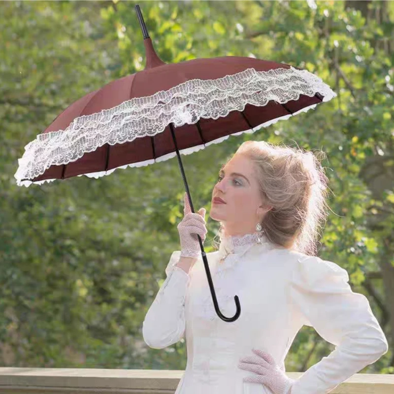 16 osso estilo francês pagode guarda-chuva renda guarda-chuva de casamento alça longa pólo reto guarda-sol e guarda-chuva de proteção solar