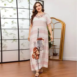 Women Maxi Long Dress Summer Clothes Loose Casual Embroiderey O Neck Short Sleeve Vintage Ethnic Arabian Dresses Womens Clothing