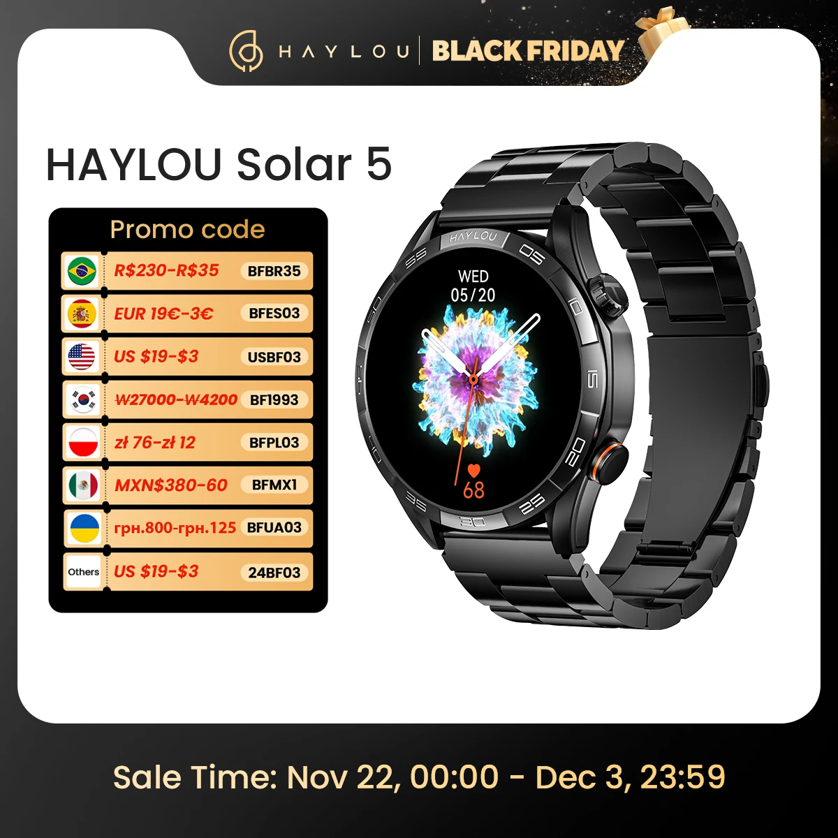 HAYLOU Solar 5 Chamada por Voz Smartwatch 1.58'' AMOLED Display 60Hz Smart Watch 24H Monitoramento de Saúde Smartwatch Esportivo para Homens