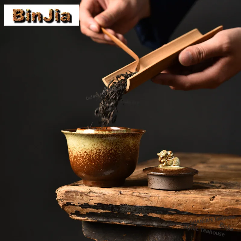 Kiln Fambe Lion Teapot Handmade Tea Infuser Pot Tea Soaking Kettle With Strainer Dahongpao Tea Ceremony Accessories Gifts Craft