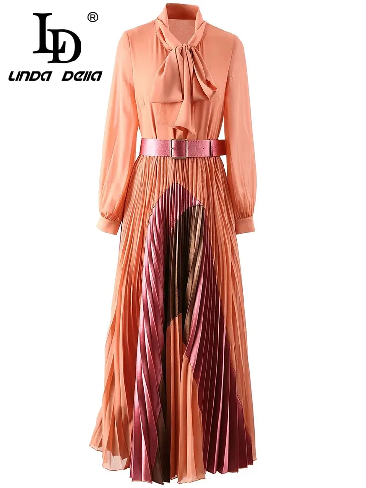 

LD LINDA DELLA New Style Cheap Casual Dress Women's Bow collar Belt Multicolour Splice Slim Fit Travel Long Pleated Dress