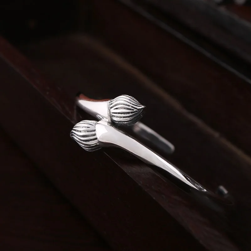 

Uglyless Real 925 Sterling Silver Vivid Lotus Bangles Women Ethnic Vintage Bangle Thai Silver Bracelets Lotus Flower Jewelry