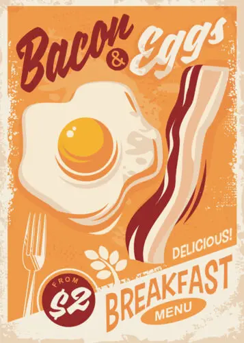 Bacon & Eggs Metal Sign, Vintage Breakfast Plaque, Cafe Diner, Fridge Magnet