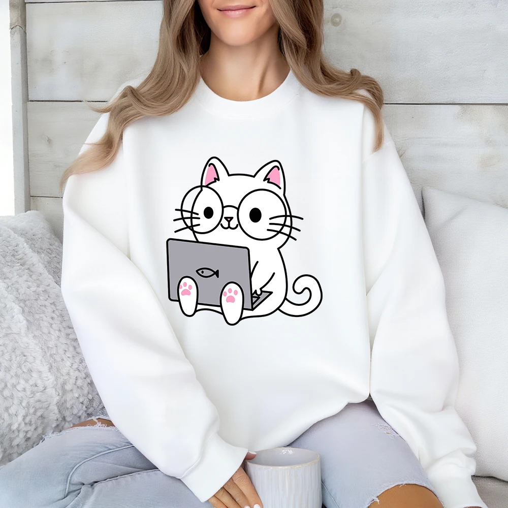 Cartoons Cute Cat Prints Sweatshirt Women Autumn Winter Fleece Warm Hoodie Crewneck Loose Pullover Basics Sporty Womans Clothes