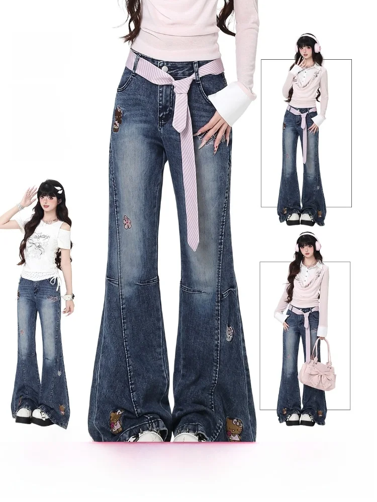 

Sweet And Spicy Girl Cartoon Embroidery Slimming Versatile Micro Flare Denim Jeans Spring Summer New Silk Ribbon Women's Jeans