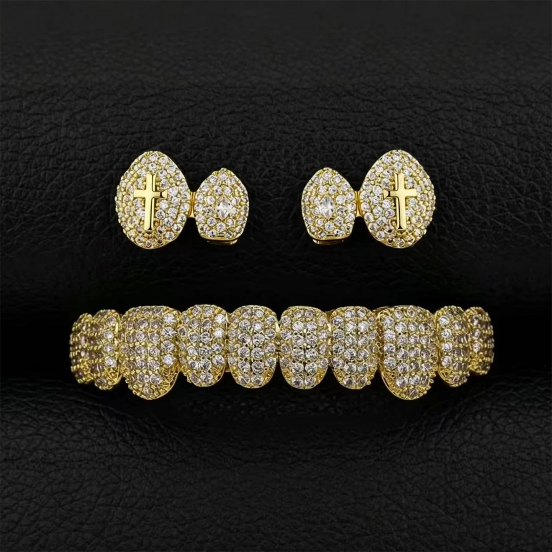 2-teiliges Hip-Hop Doppelzahn-Grillz-Set für Herren, massives Heiliges Kreuz CZ Ober- & Unterzähne Rapper Punk-Stil Glänzendes Weihnachtsgeschenk – Detail 12