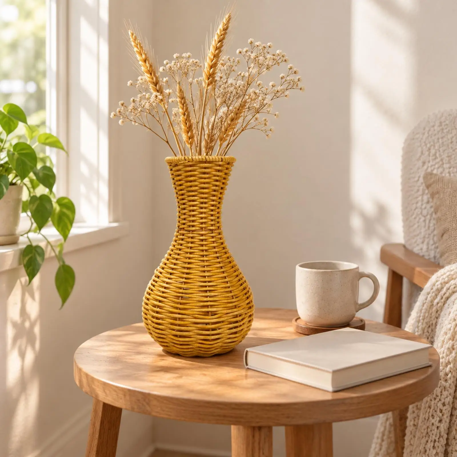 Handwoven Rattan Style Decorative Vase Golden Brown Bulbous Body Narrow Waist for Fresh Bouquets Dried Grasses Home Accent