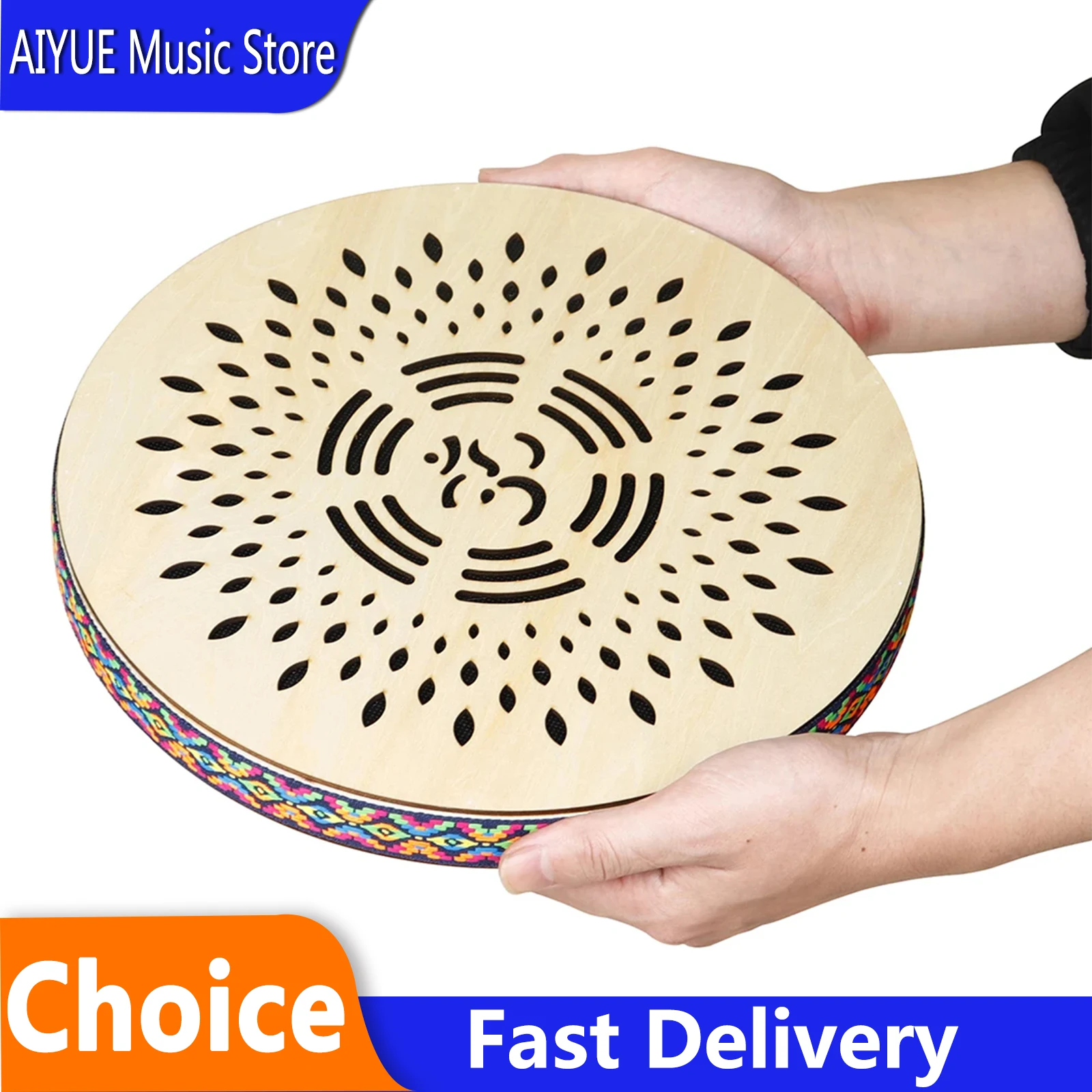 SLADE 12 Inch Stream Drum Solid Wood Hand Carving Rain Falls Pattern Colorful Woven Trim Sea Wave Sound Percussion Instrument