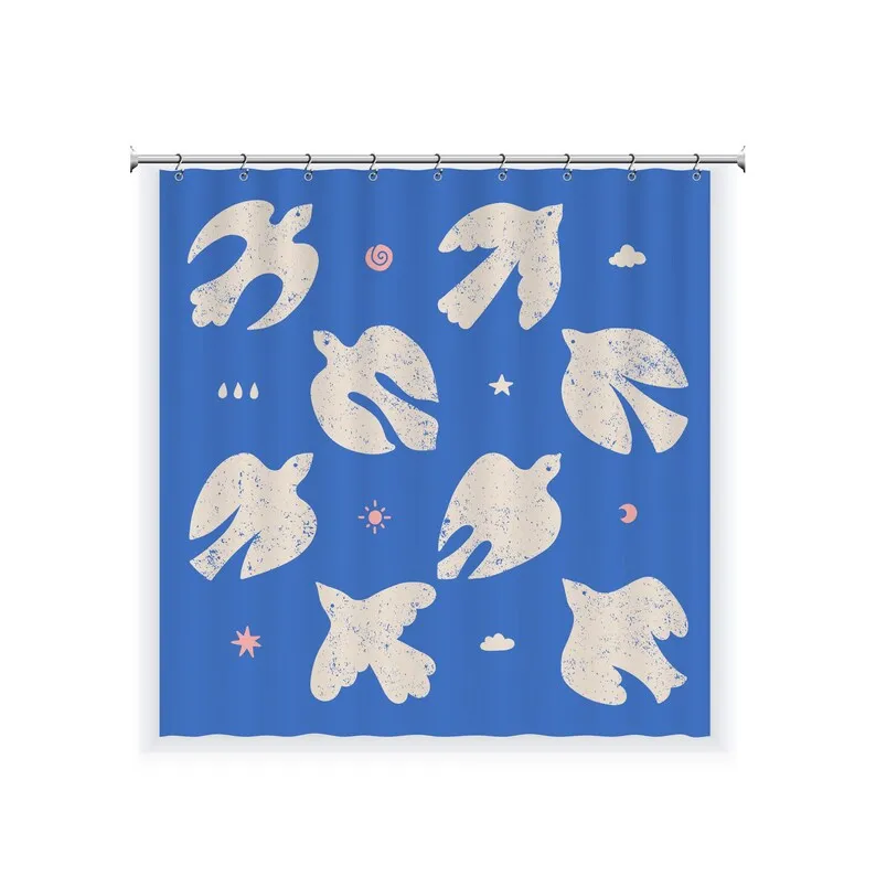 Blue Dove Shower Curtain, Celestial Birds with Stars and Moon, Peaceful Retro Scandi Modern Bathroom Decor