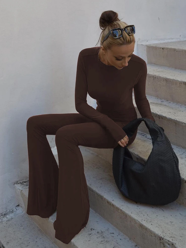 

WEIRD PUSS American Sle Long Sve round Ne Bal High Waist Jumpsuit Women Slimming Suit Commute Faion Polyester