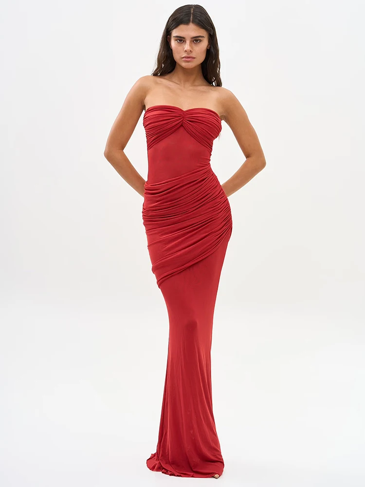 VC Sultry Red Sheer Mesh Strapless Backless Sleeveless Mermaid Dress Gown with Ruched Detail for Party