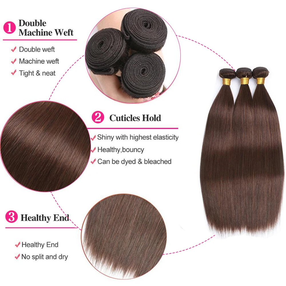 Bundles de cheveux humains raides avec Frmetals, Extensions de cheveux, Tissage en lot, Dentelle 13x4, Brun chocolat, 3 Bundles, #4, Document