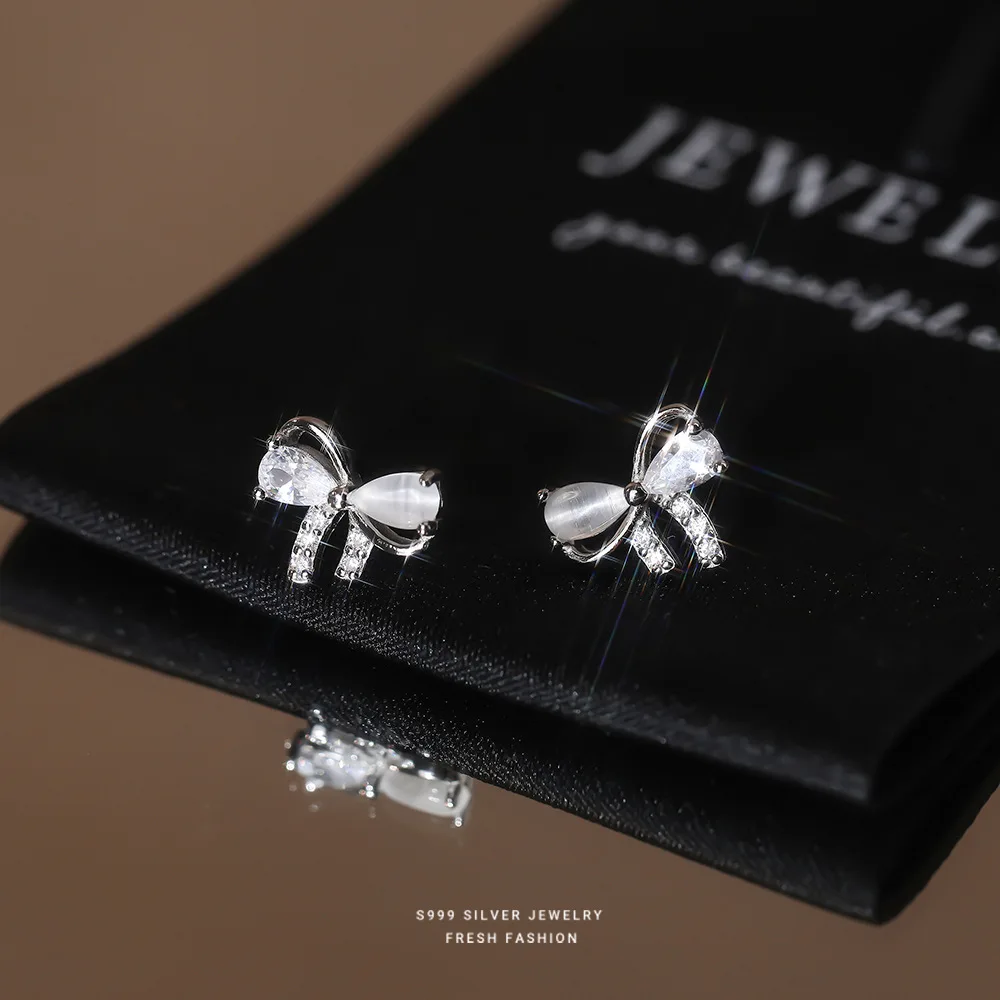 

S999 дизайн из чистого серебра корейские роскошные опаловые серьги-гвоздики с кубическим цирконием и бантом блестящие маленькие серьги модные украшения
