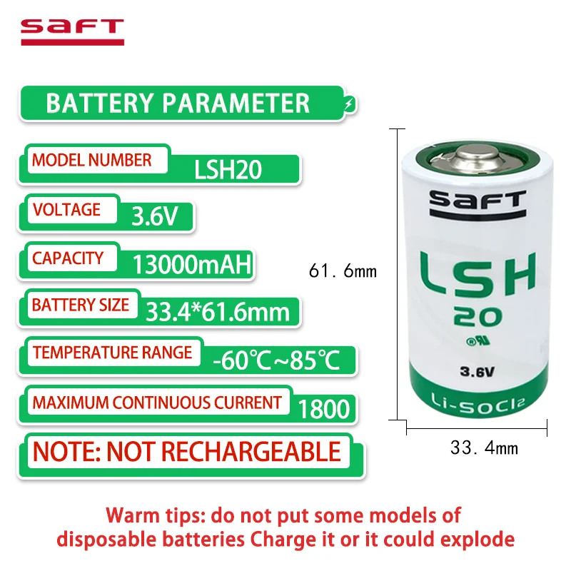 Batteria al litio SAFT LSH20 13000mah 3.6V adatta per misuratore di portata per misuratore di gas per macchine utensili CNC robot No.1 D