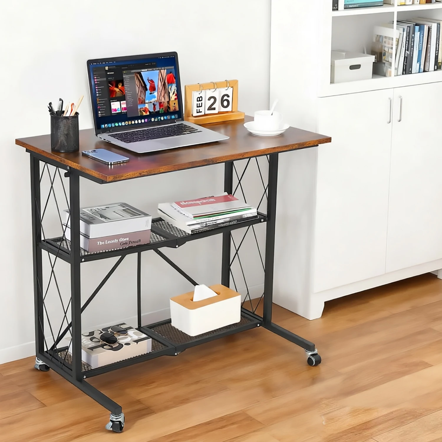 Zusammenklappbarer Schreibtisch mit Rollen – 3-stufiges Metallgitterregal mit großem Fassungsvermögen, montagefreie Arbeitsplatz-Computertische für Arbeitszimmer, Küche, Wohnzimmer, Balkon
