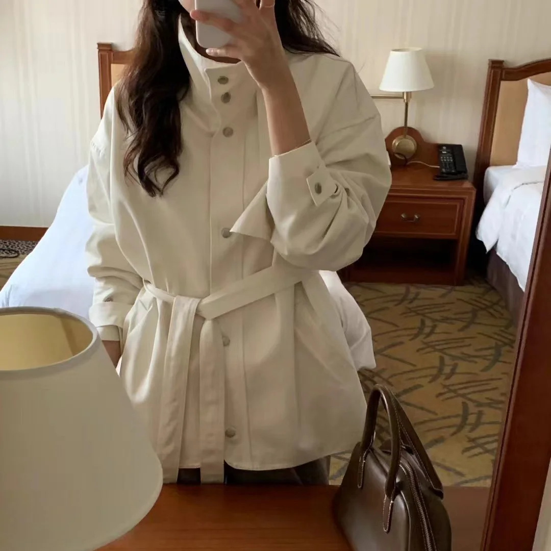 Chic Early Autumn Casual Fashionable Retro Stand Collar Belted Loose Style Windbreaker Coat Women's Commute Long Sleeve Midi ...