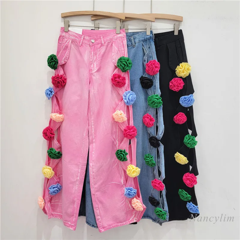 

Fashionable Three-Dimensional Flower Design Jeans Denim Pants Women Side Twist Ripped Fried Street Wide-Leg Pants Pink Jeans