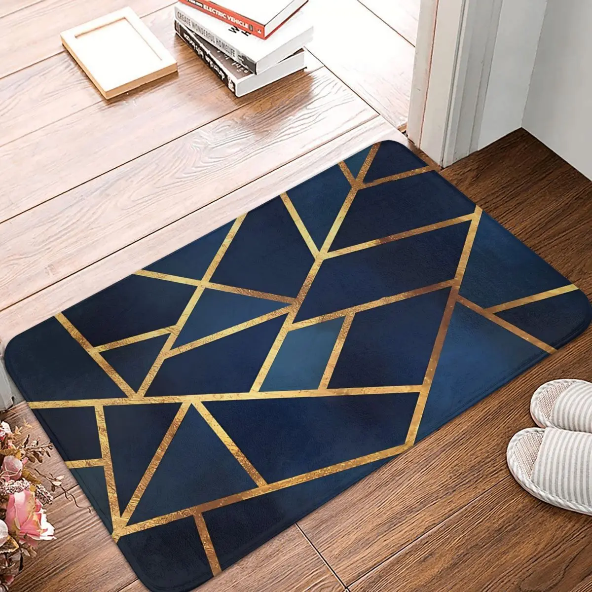 Navy Gold Stone Geometric Bath Mat Non-slip Blue Toilet Mat Quick Dry Kitchen Shower Room Floor Mat Velvet Soft Bathroom Carpet