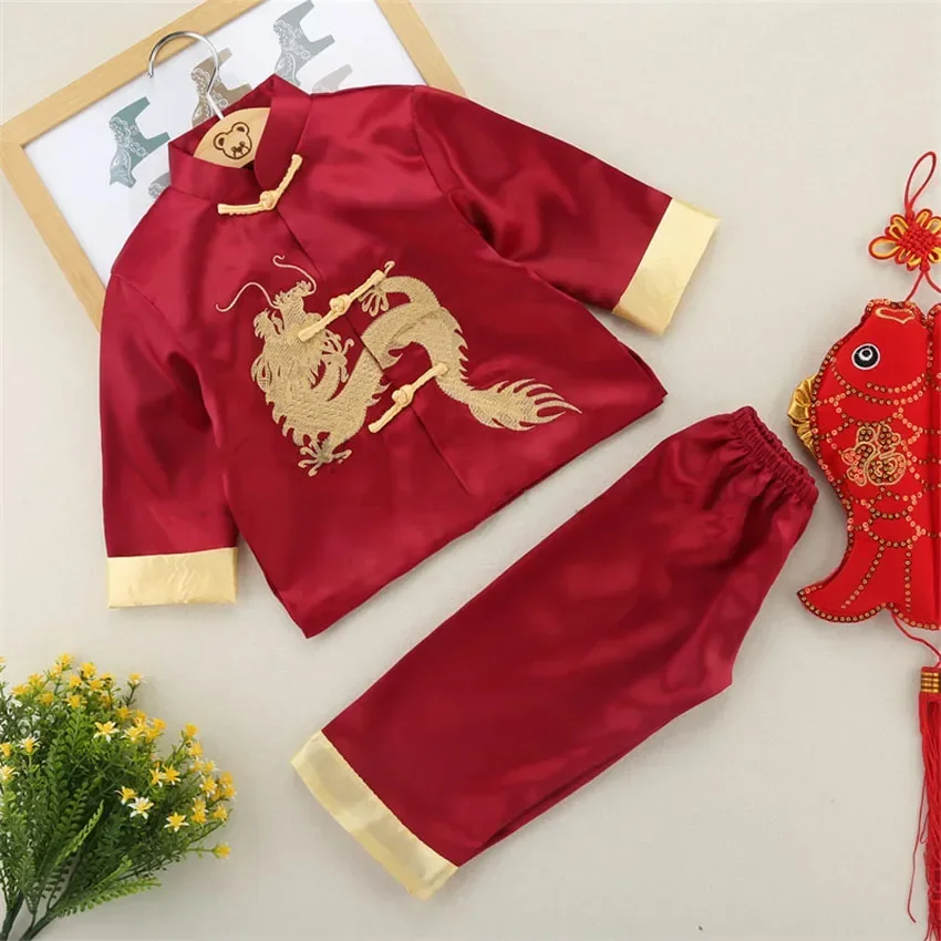 Stile cinese Dragon Tang Suit Boy Birthday New Year Party Festival Outfit Kung Fu Wushu Top Pants Set Uniform Kids Costume Gift