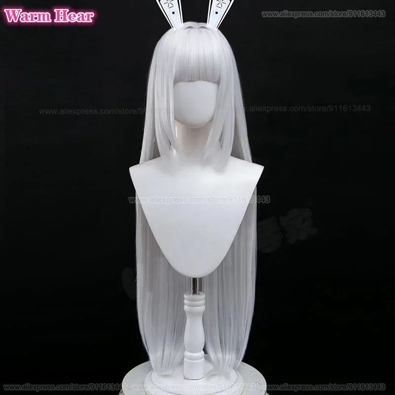 

New! Game Blanc Synthetic Wig 100cm Long Straight Light Silver White Cosplay Wig And Teeth Heat Resistant Fibre Party Woman Wigs