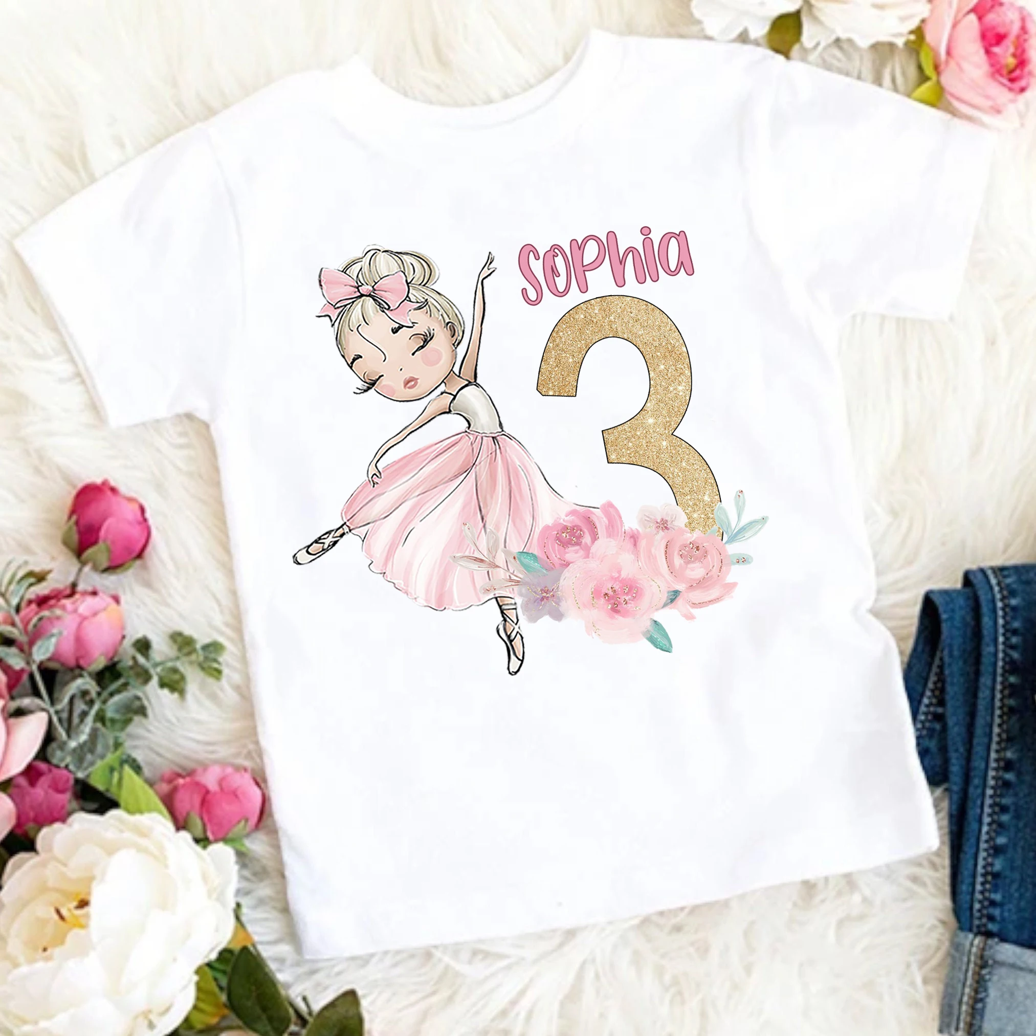 Personalized Ballerina Birthday 1-9 Years Shirt Girls Custom Name Ballet T-Shirt Ballet Dancer Short Sleeve Tee Girl Summer Tops