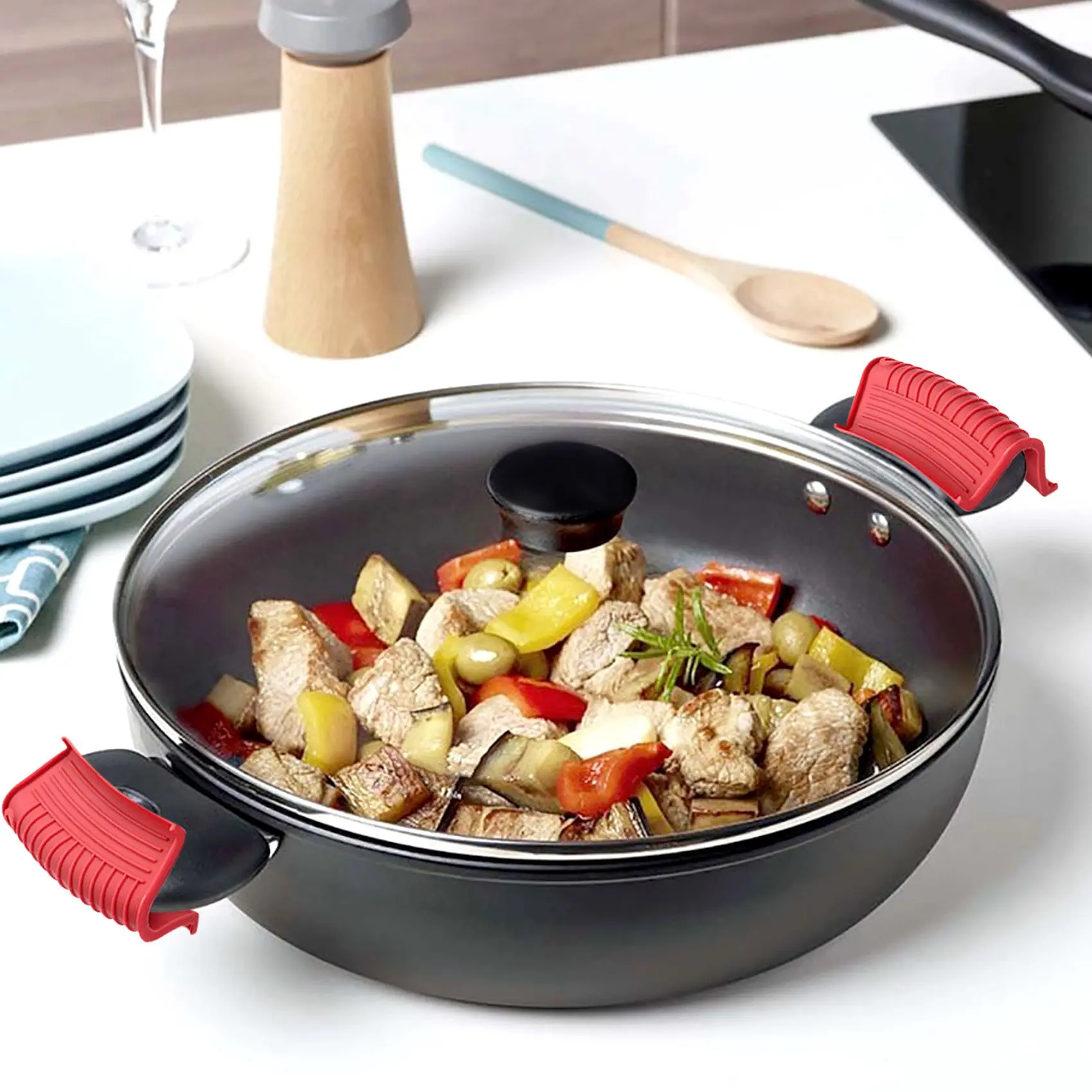 Качественные 4-пакетные силиконовые держатели для горячих ручек, чехол для чугуна, крышка для ручки сковороды, держатель для ручки горшка, термостойкий - красный