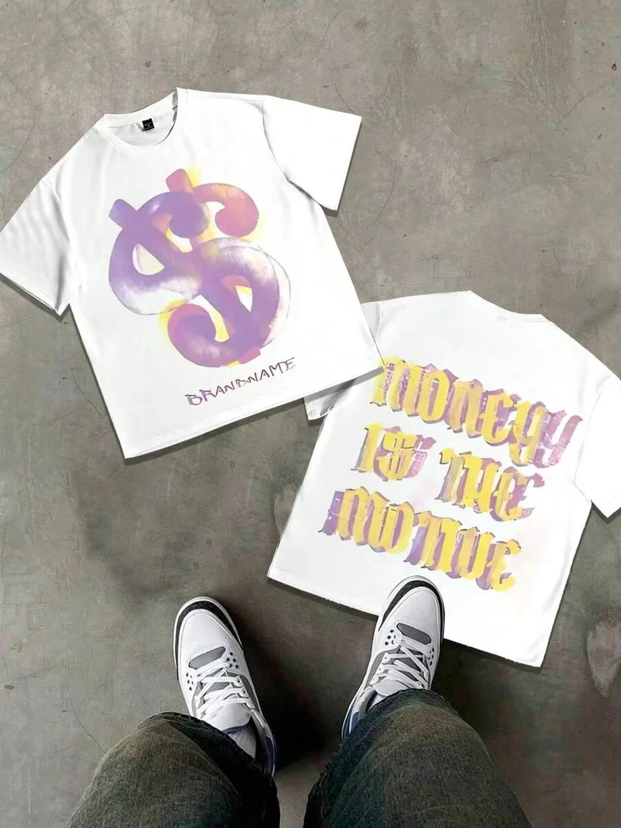 Purple Dollar Symbol with Graffiti Style Purple Yellow Gradient Font on The Back To Criticize 'money Is Power' Mens T Shirts