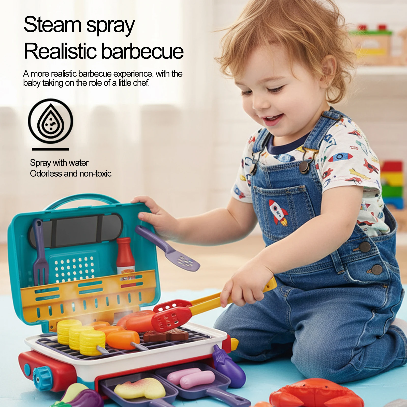 I bambini giocano a giocattoli da cucina con luce di fumo, suono e cibo che cambia colore, barbecue, giocattolo, accessori da cucina per i più piccoli di 3-5 anni