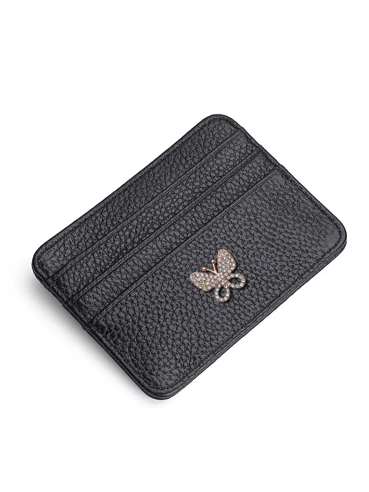 Professional Card ID Holders: Cowhide Business Card Sleeve for Women Amber Faceted Butterfly Brooch Decor