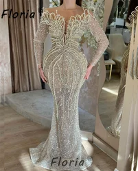 Luxury Crystal Beads Dubai Mermaid Party Dresses Long Sleeve 3D Applique Prom Gown Customized Vestidos de Gala 2025 Celebrity