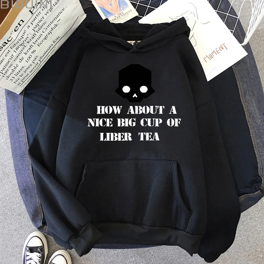 Helldivers How about A Nice Big Cup of Liber Tea Print Hoodies Men Vintage Casual Long Sleeve Loose Sweatshirts Gothic Pullovers