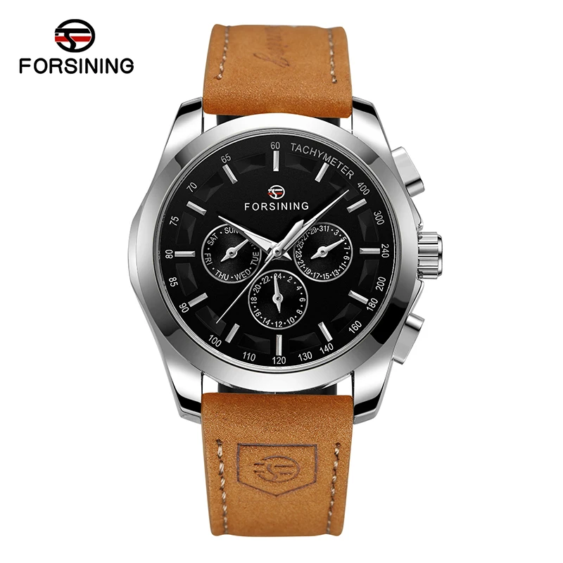 FORSINING Sports Automatic Mechanical Mens Wrist Watch Luminescent Analog Auto Day Date Suede Leather Strap Business Male Clock