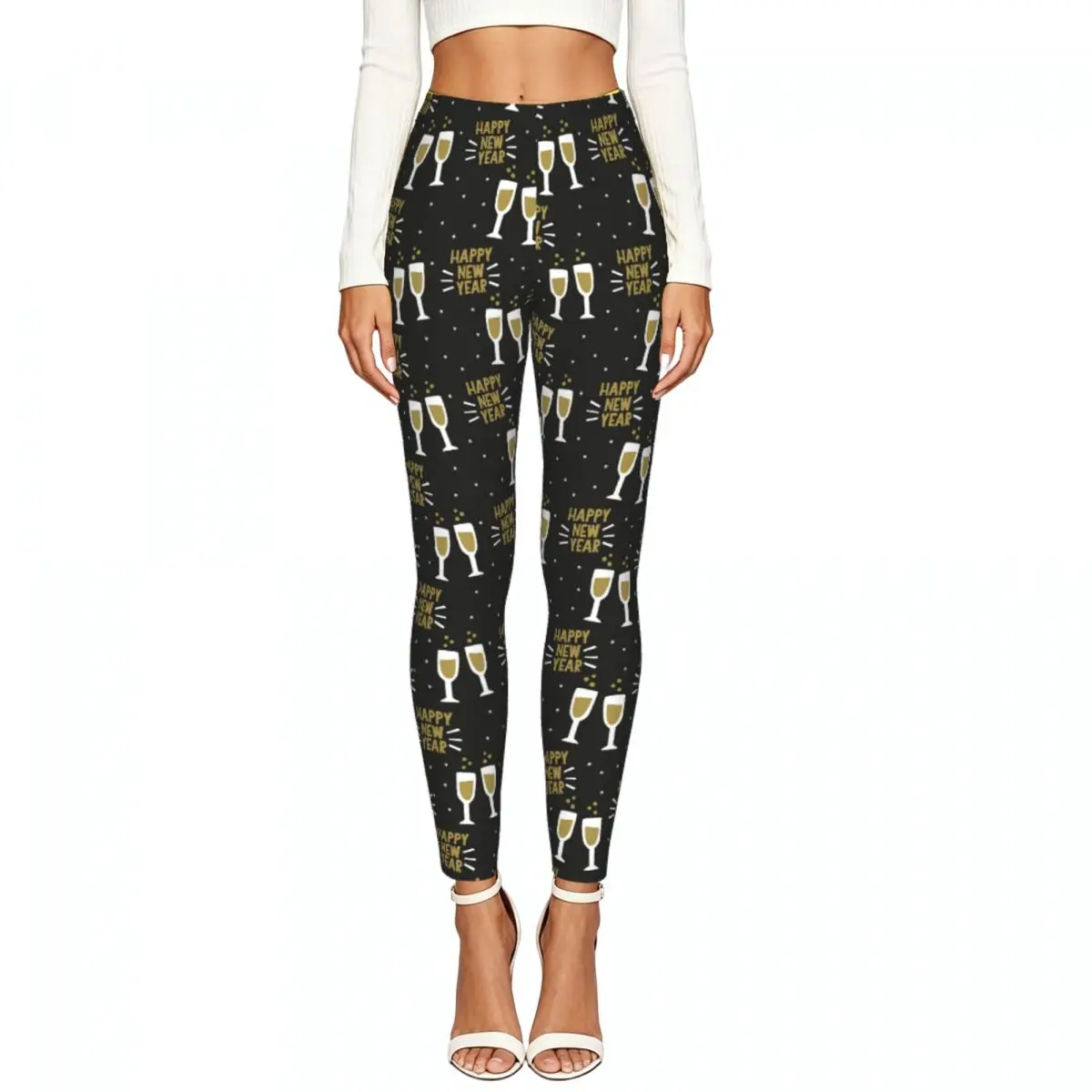 Women Full Length Elastic Leggings High Waist Tight Pants Happy New Year Pattern Casual Bottoms