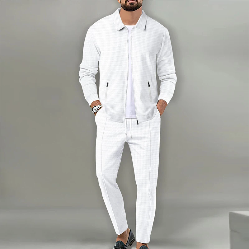 Lapel Slim Fitting Male coat Waffle zipper pocket Long Sleeved Sportswear man Cardigan jacket set Pants elegant Men\'s clothing