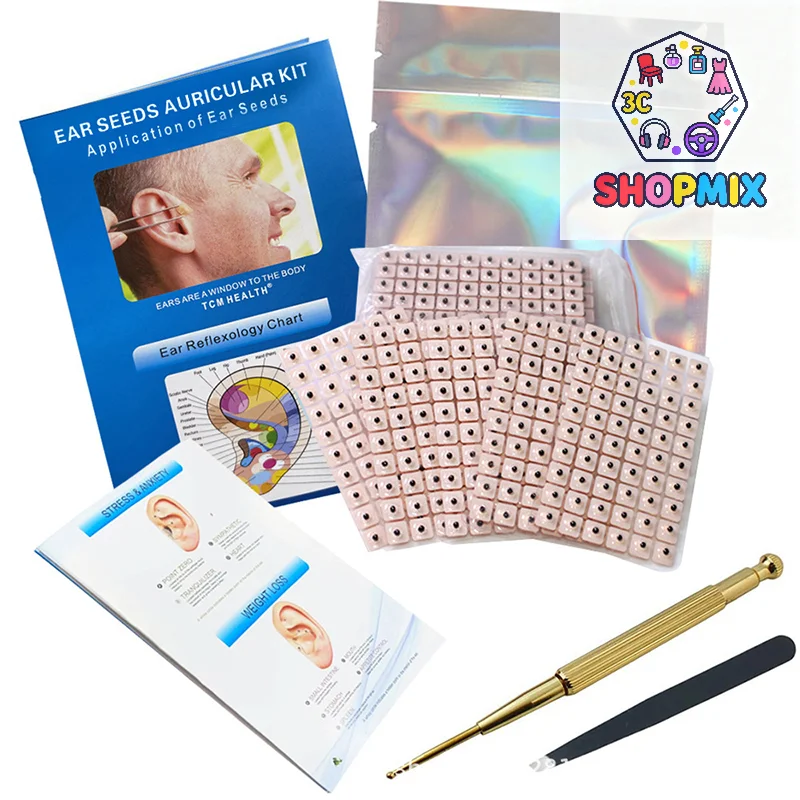 4 In 1 Set Multi-Condition Ear Seeds Acupuncture Auricular Sticker Kit 1200pcs With Acupressure Chart Tweezer Auricular Probe