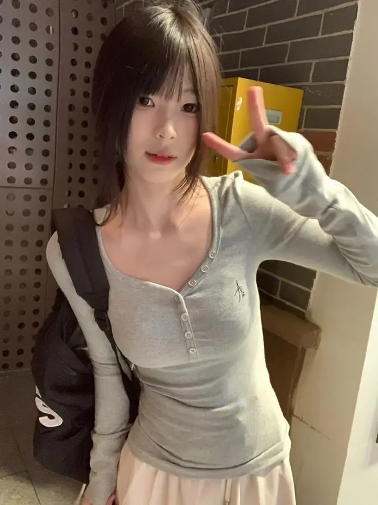 تي شيرت نسائي بأكمام طويلة مقاس كبير، ملابس علوية من القطن الأزرق، مريحة ومسامية، مظهر ريترو للشتاء اليومي للمكتب