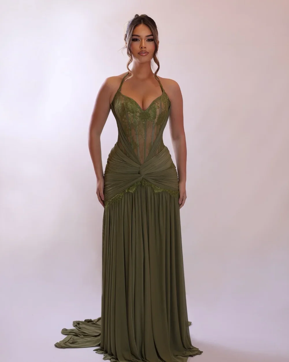 

Повседневные зеленые шифоновые плиссированные кружевные вечерние платья А-силуэта с завязками на шее, длиной до пола, сексуальные, для дня рождения, на заказ