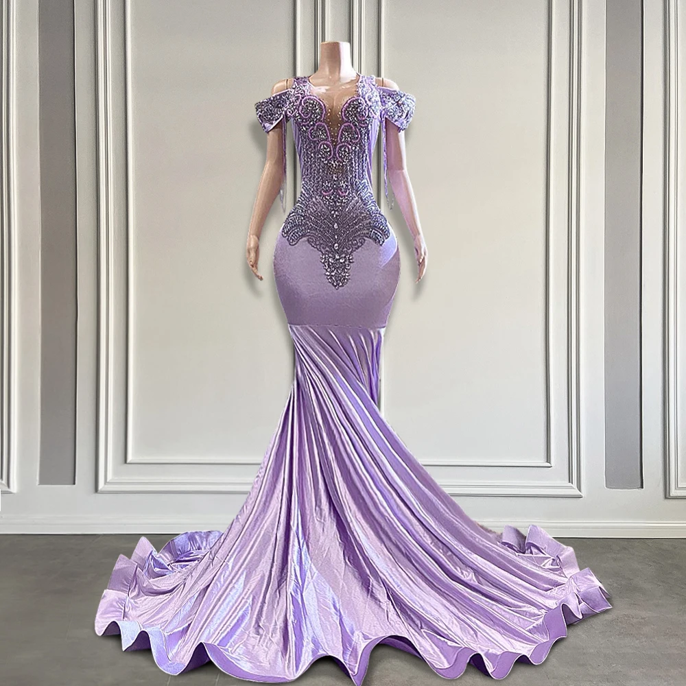 

Glamorous Lilac Mermaid Prom Dresses 2025 Off-Shoulder Sparkling Crystals Long Formal Purple Prom Gown for Black Girl Customized