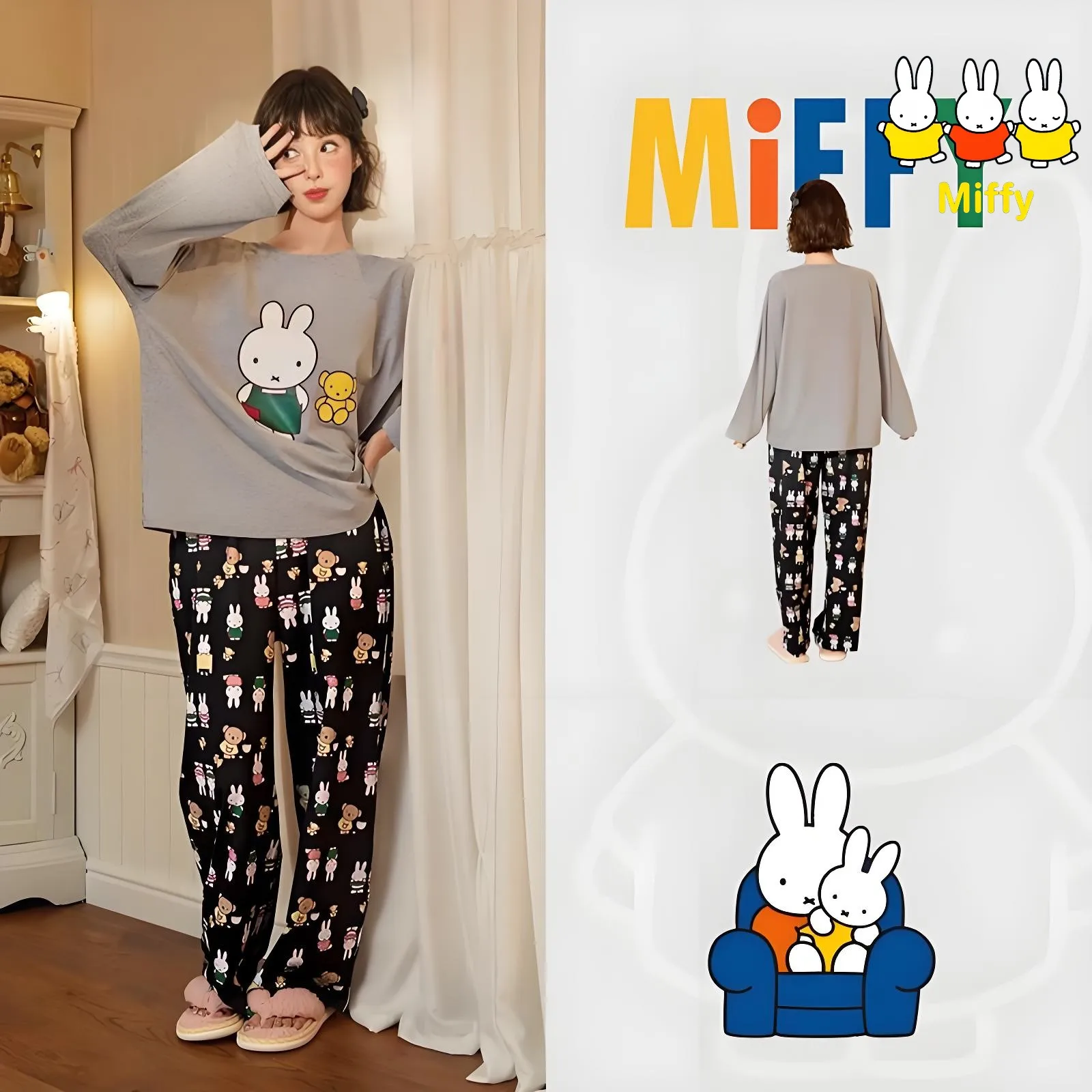 

Kawaii Miffy Rabbit Pajamas for Women Can Be Worn Outside Spring and Autumn Pure Cotton Long-sleeved Cartoon Cute Home Wear Set