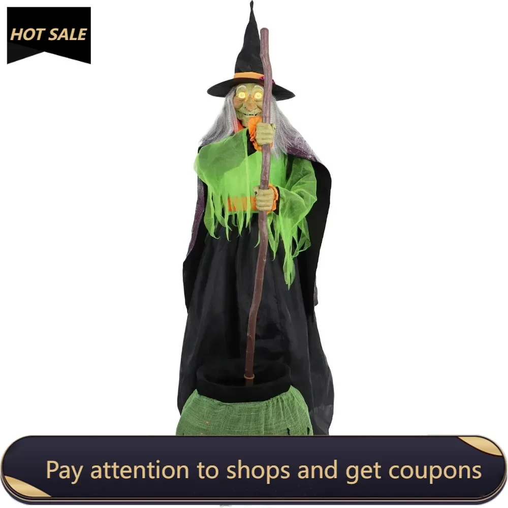 6-Ft. Tall Cauldron Witch,Plug-in Talking Halloween Prop for Indoor or Covered Outdoor Creepy Halloween Decorations Freight free