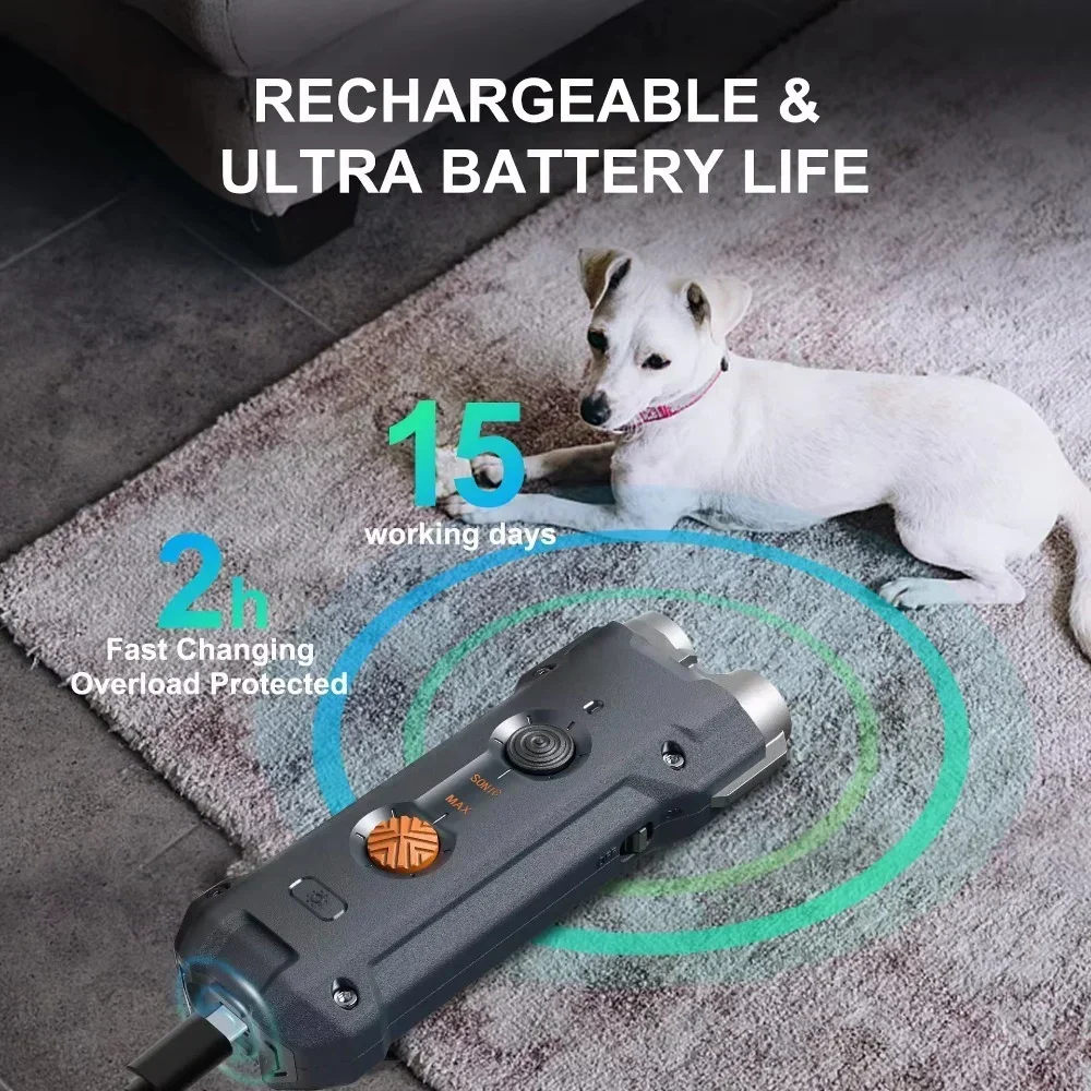 10M High Power Deterrent Ultrasonic Dog Repeller Pet Training Anti Barking with Led Flashlight Rechargeable for Dogs Accessories