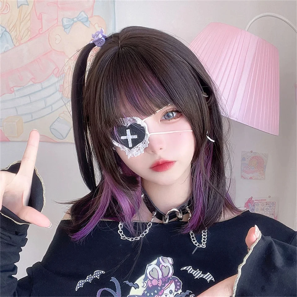 Perucas longas e retas com franja, preto, roxo, destaque, cosplay diário, perucas de cabelo sintético natural para mulheres, resistente ao calor lm